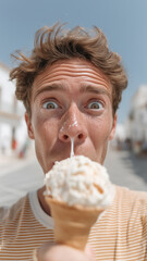 A young man taking a silly selfie with a dripping ice cream cone in a sunny Mediterranean city street.