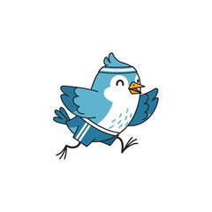 Fototapeta premium Cute cartoon blue bird running with athletic headband and shorts, fitness concept