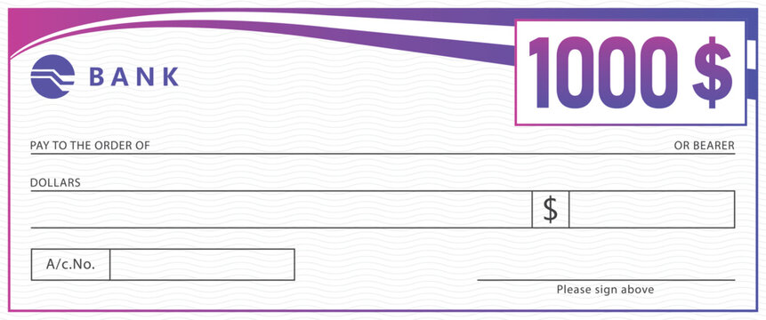 bank check template with purple gradient header and wavy background pattern. Professional financial document for payment, prize, or donation. Modern business layout on white.