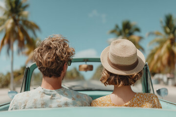 Back view of a young couple in a vintage convertible car driving along a tropical palm tree lined road.