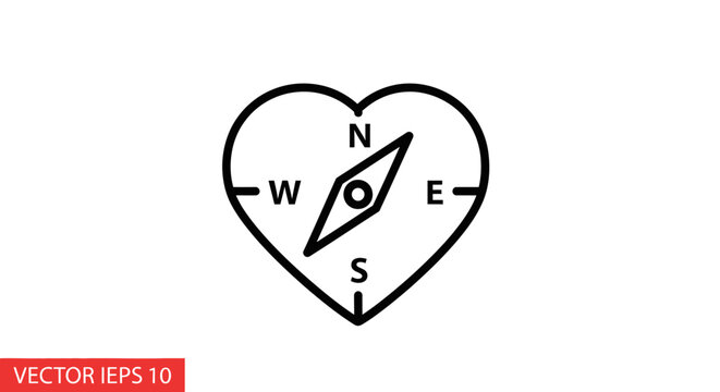 Vector illustration of a heart-shaped compass with north, south, east, and west directions on a clean white background.