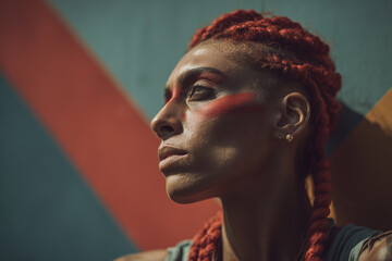 Side profile of a woman with red braided hair and red paint stripe on her face looking towards the light.