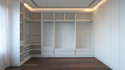 Fototapeta premium Modern empty walk in closet interior with white built in wardrobe shelves and soft lighting