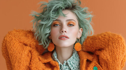 A young woman with messy green wavy hair and an orange cardigan looking at the camera with a confident expression.