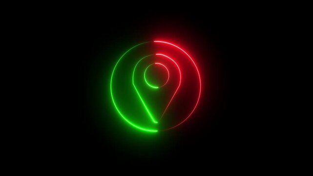Glowing neon location animated icon searching place address travel direction road signs map circle animated signs symbol on black background, 4k video