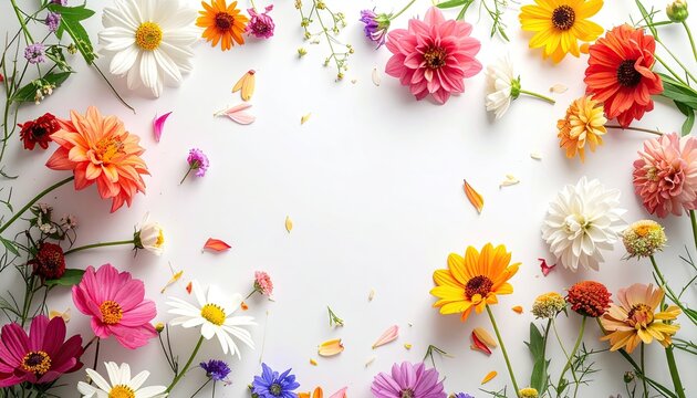 Colorful assortment of fresh blooming flowers and petals arranged on a white background.