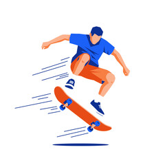 Obraz premium Skateboarder performing aerial trick with orange skateboard on white background