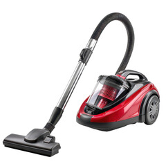 Red canister vacuum cleaner with hose and floor nozzle isolated on Transparent Background