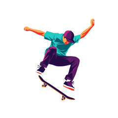 Obraz premium Skateboarder performing aerial trick, dynamic action, vibrant colors, isolated on white