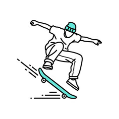 Obraz premium Skateboarder performing trick in the air, minimalist line art, urban sports