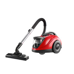 Red canister vacuum cleaner with hose and floor nozzle isolated on Transparent Background