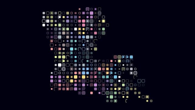 Louisiana animated shape. Pulsating colored dots on the map of the state. Large size rounded square blocks. Digital style Louisiana map on dark background. Simple animation video.