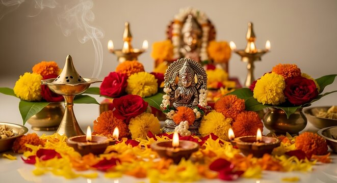 Chaitra Navratri Festival Puja Setup with Goddess Idol Flowers and Diyas