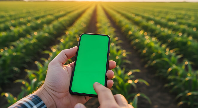 Modern Man Hand Holding Smartphone Green Screen in Cornfield Farm