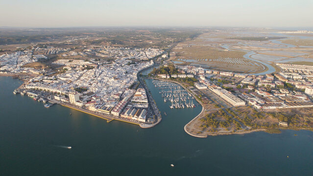 Aerial View of Ayamonte Harbor and Surrounding Landscape, Andalusia, Spain