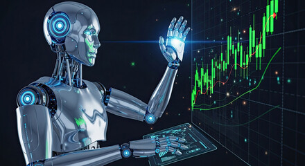 A futuristic robot analyzes financial data on a digital tablet with a glowing chart in the background