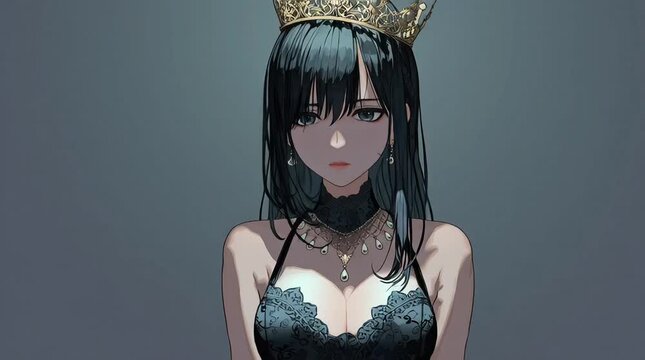 Animation of Big Chest Anime Woman Queen Wearing Crown Luxurious Dress and Royal Jewelry