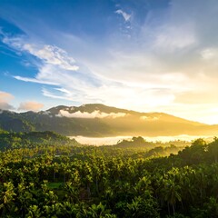 Lush Tropical Landscape at Sunrise - A Serene Mountain View.
