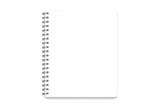 Blank spiral bound notebook with white pages and silver binding on a black background