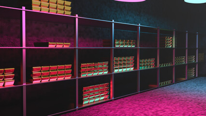 Generic gold reserve vault with stacks of gold bars. Bank vault with gold and cash. 3d rendering