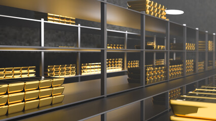 Generic gold reserve vault with stacks of gold bars. Bank vault with gold and cash. 3d rendering