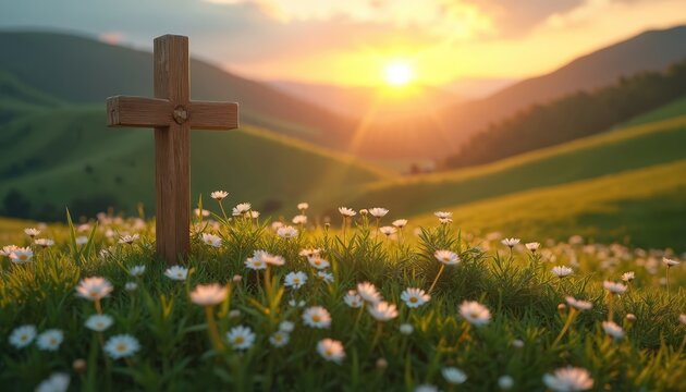 Wooden cross on green hill with white flowers at sunrise. Christian symbol of faith, hope, salvation. Calm landscape represents resurrection, new life. Peaceful scenery of blooming field as sun rises