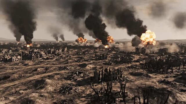 Aerial view of a city after intense bombing with smoke and fire