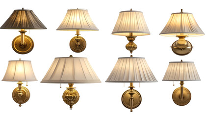Obraz premium Eight classic wall sconces with varying shade and base designs, golden hues