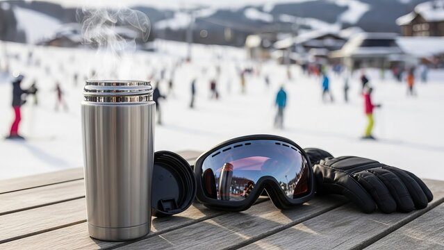 Hot drink, ski goggles and gloves on winter resort