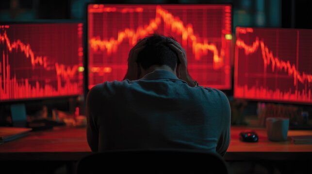 Economic Crisis: Stressed Man Monitoring Falling Stock Market Charts in Red, Symbolizing Financial Loss and Risk