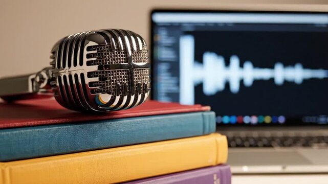 A vintage microphone sits atop stacked books a laptop displaying an audio waveform in the background