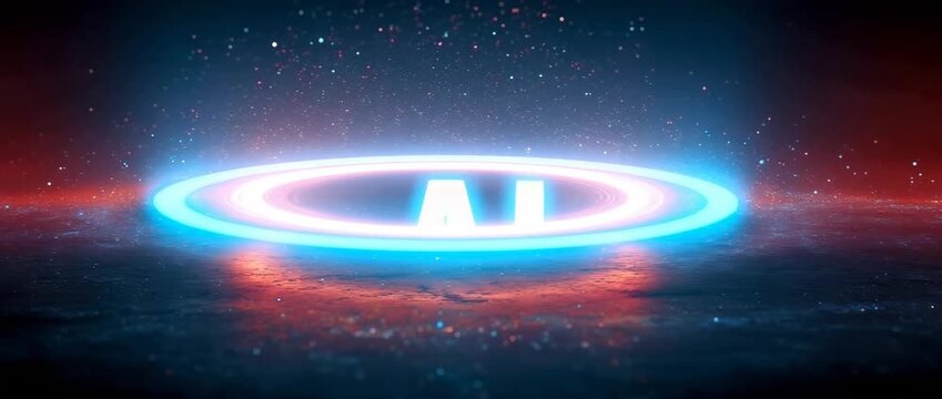 Glowing blue rings with ai logo on dark background with red sparks and starry night sky