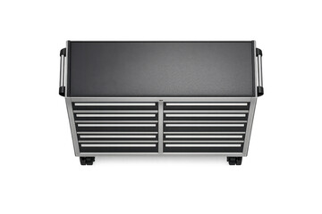 Modern black and silver tool chest with multiple drawers and handles, isolated on black