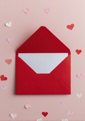 Red envelope with white insert and colorful heart decorations.