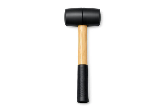 Modern rubber mallet with wooden handle and textured grip on a black background