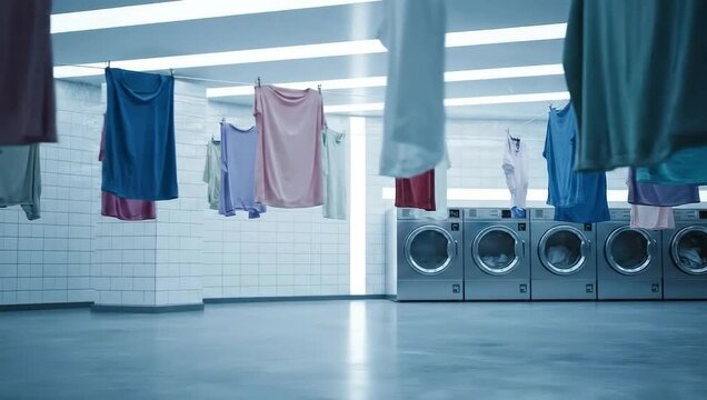 Modern Laundry Room with Clothes Drying and Washing Machines.