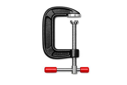 Heavy duty black c-clamp with red handles isolated on a black background