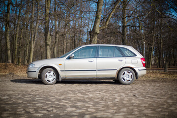 Silver hatchback car parked outdoors in spring forest
