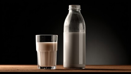 Glass and bottle of chocolate milk on wooden table.