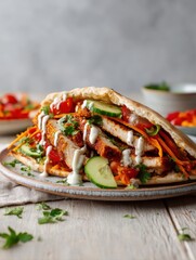 Delicious mediterranean chicken pita pocket sandwich with breaded poultry cutlets fresh cucumbers tomatoes carrots and creamy garlic white sauce on a light wooden table background for healthy lunch