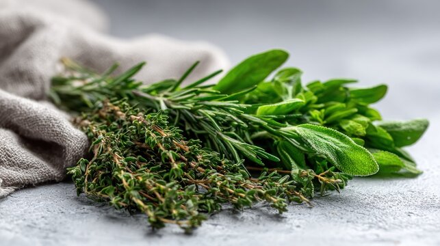 Assortment of fresh culinary herbs rests on a light textured surface beside a piece of neutral fabric