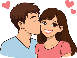 Close up illustration of a happy young couple in love kissing, with hearts above their heads. Romantic relationship and Valentine&rsquo;s Day concept, cartoon style vector illustration isolated on white 