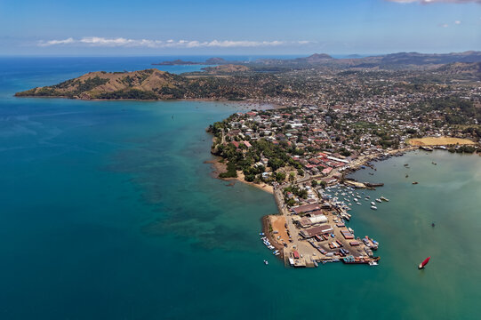 Aerial view of Hell-Ville harbor and port, Nosy Be, Madagascar
