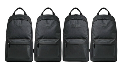 Naklejka premium Four black backpacks in a row, each with a front pocket and handle, against a white background