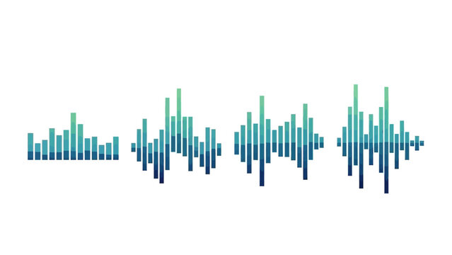 Abstract sound wave equalizer bars, digital audio visualization, blue and green gradient, white background