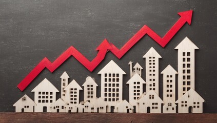 Wooden cityscape with rising red graph.