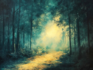 Obraz premium A Mysterious Jewish Motif-Laden Forest Scene with Dreamlike Atmosphere