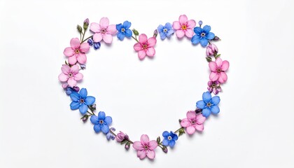 Obraz premium Delicate Floral Heart Wreath Composed of Pink and Blue Blossoms on White Background.