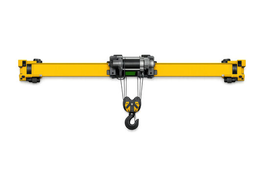 Modern yellow overhead crane with hook and electric hoist on a black background