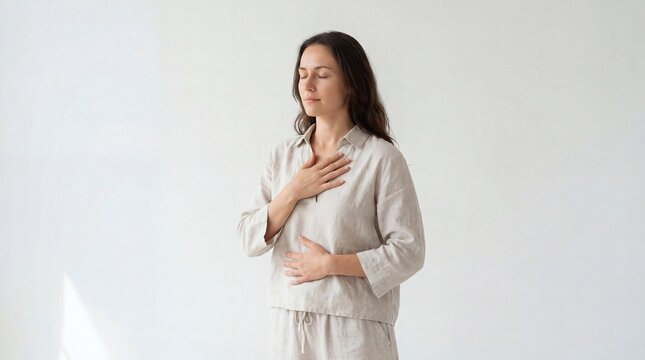 A serene woman with closed eyes practices mindfulness, placing hands on her chest and stomach in a peaceful, introspective moment.